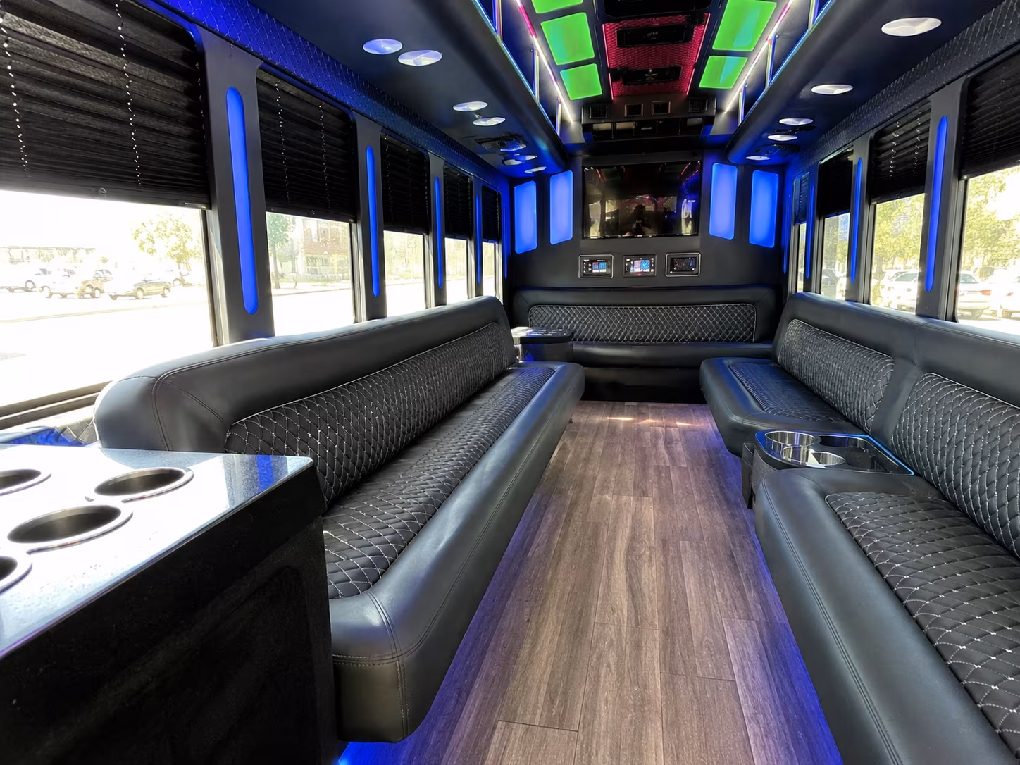 troy 15 passenger party bus inside