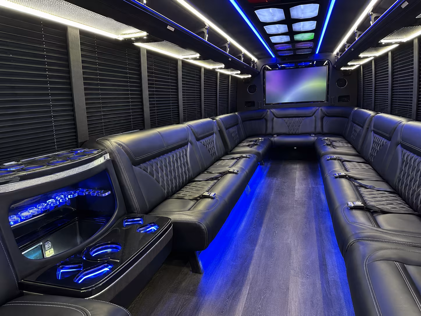 troy 20 passenger party bus inside