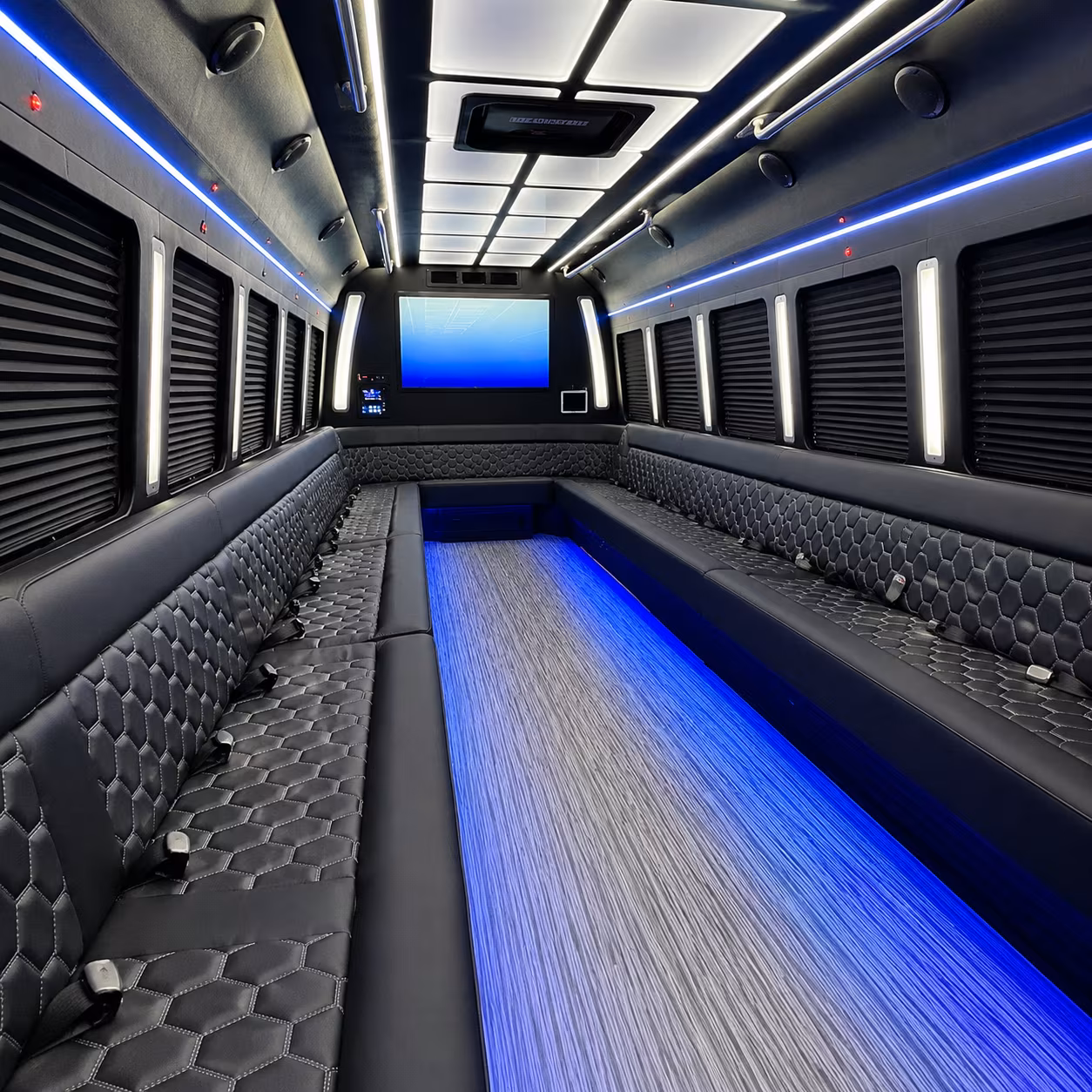 troy 50 passenger party bus inside